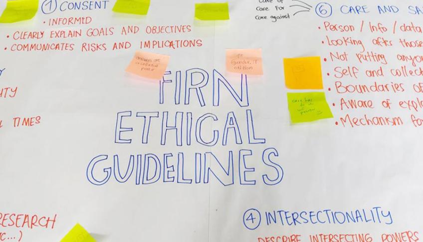 Image description: Flip chart with post-its illustrating the ethical practices. Image source: Documentation by APC-WRP of the inception meeting of the feminist internet research network in February-March 2019 in Malaysia.