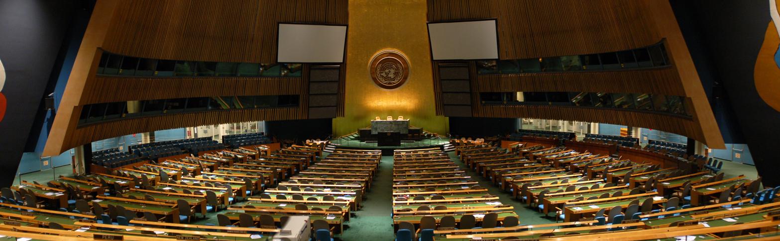 Image: "UN General Assembly (panoramic)" by Jérôme BLUM used under CC BY-SA 2.0 FR license (https://commons.wikimedia.org/wiki/File:UN_General_Assembly_(panoramic).jpg)